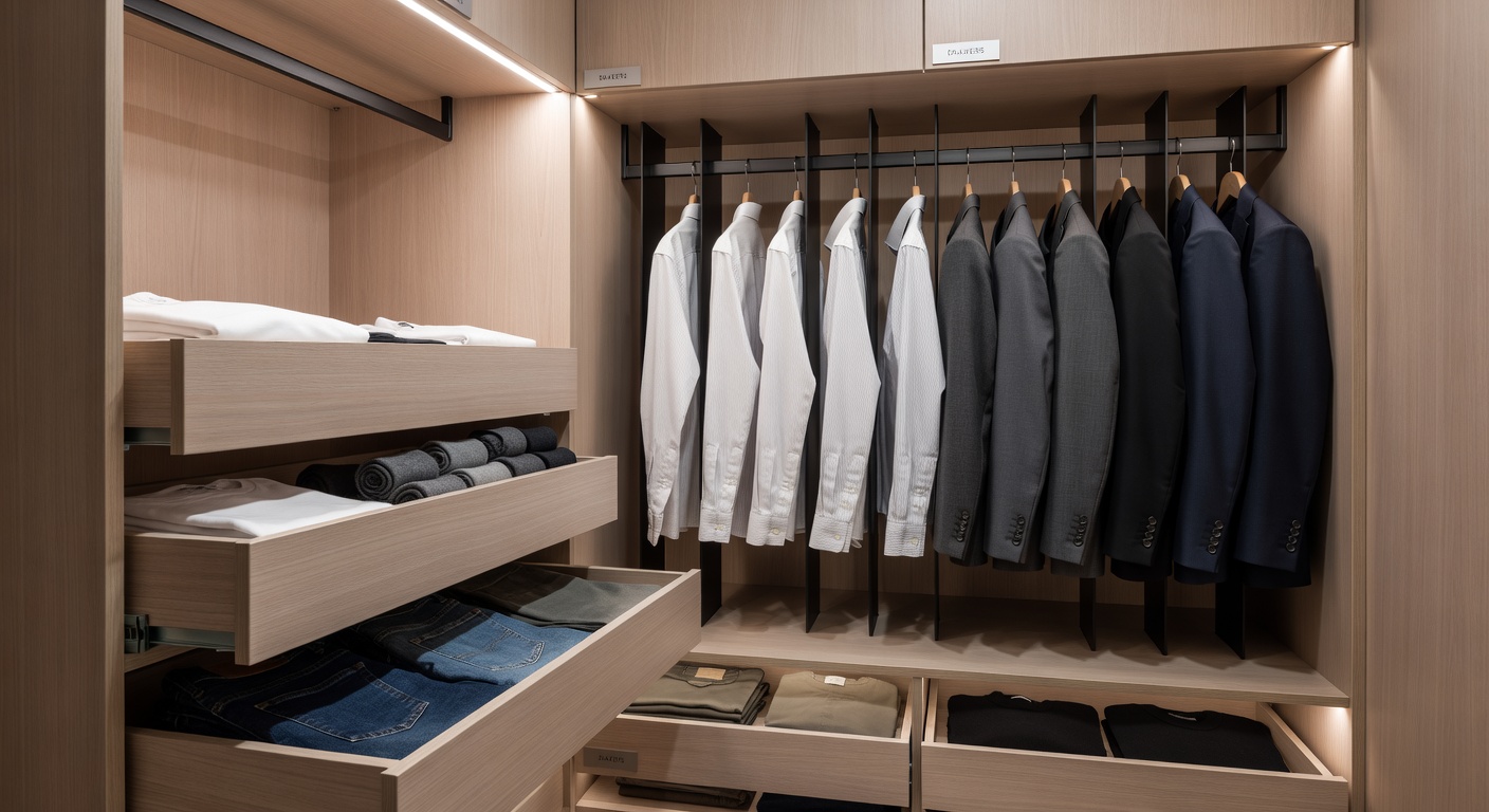 A compact closet with safe, well-installed pull-out drawer units at floor level