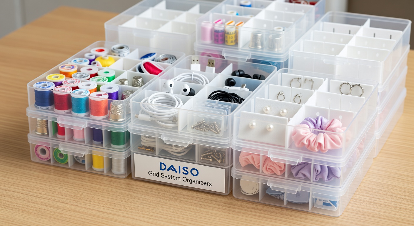 Daiso wire grid organizers holding accessories neatly in a closet