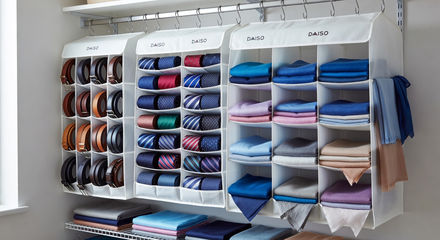 Daiso hanging organizers neatly holding accessories in a Japanese closet