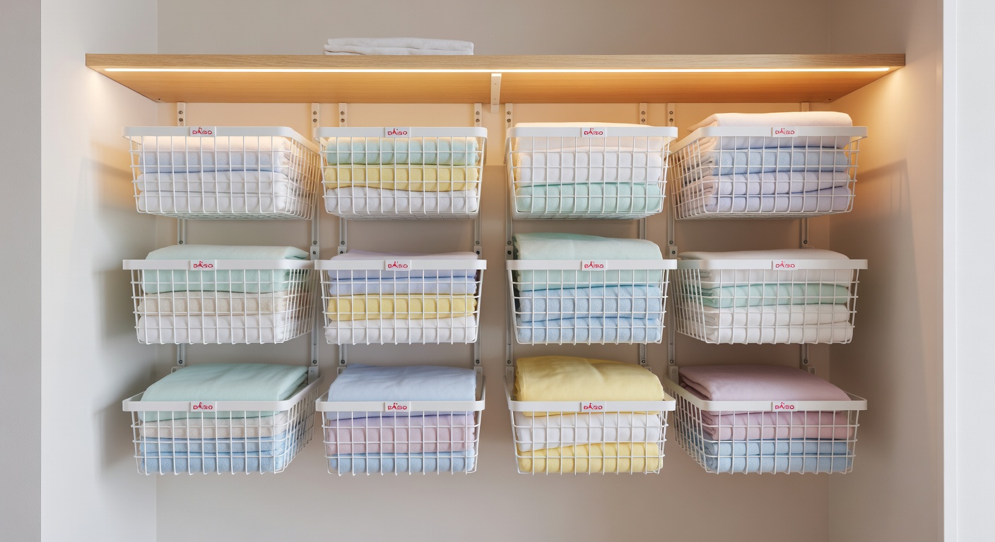 Organized linen storage using Daiso wire baskets in a neatly arranged closet
