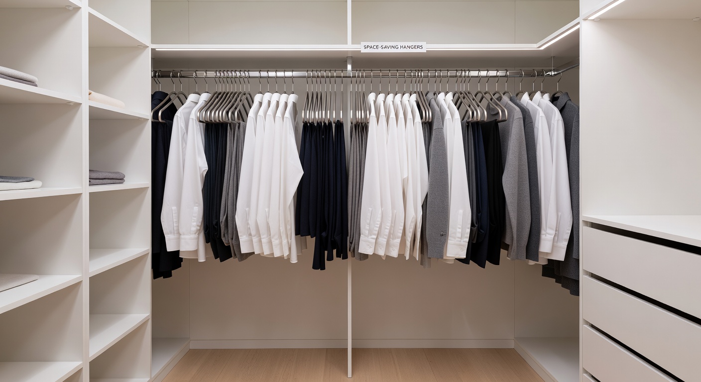 An efficiently organized hanging clothes closet using uniform hangers and spacing