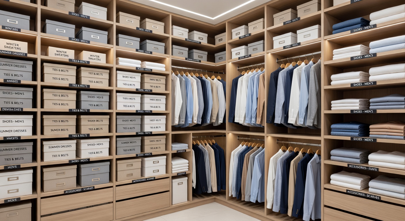 A fully organized, labeled closet — the result of completing the Danshari method