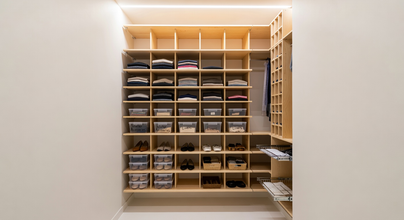 A small closet maximized with double rails, shelf risers, and door organizers