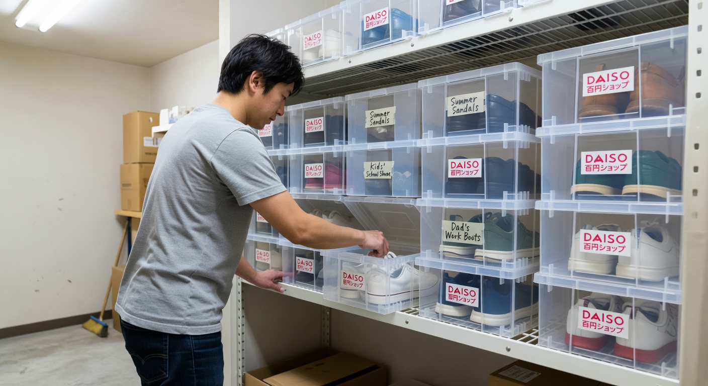 Shoes neatly organized in Daiso transparent storage boxes