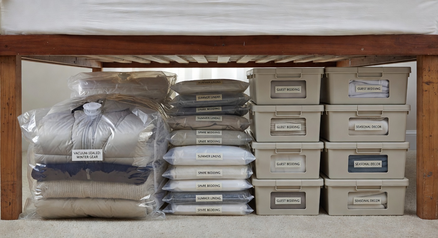 Under-bed storage maximized with flat storage containers for seasonal clothes